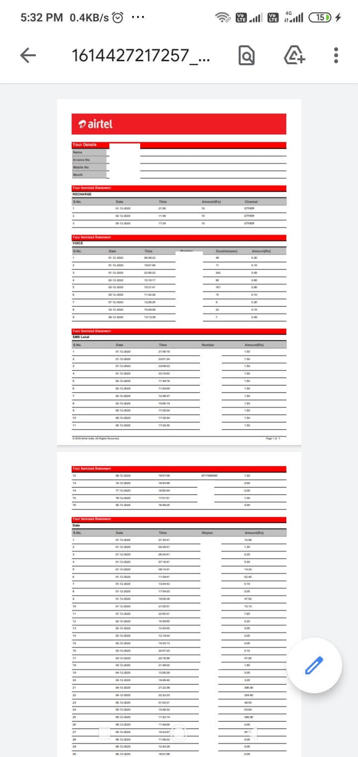 Airtel Call Details